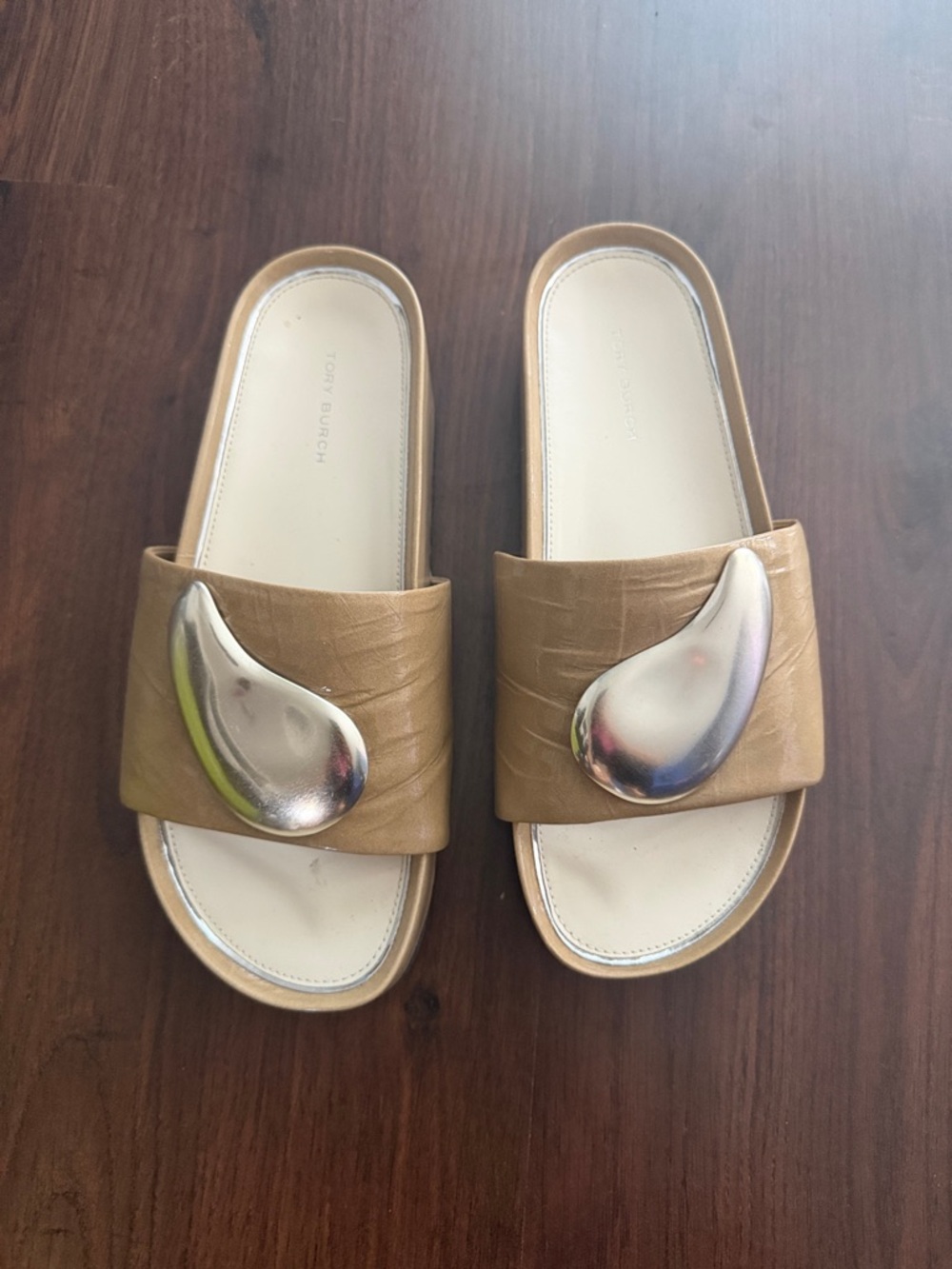 Tory Burch Tan Slide Sandals with Sculpted Silver Accent